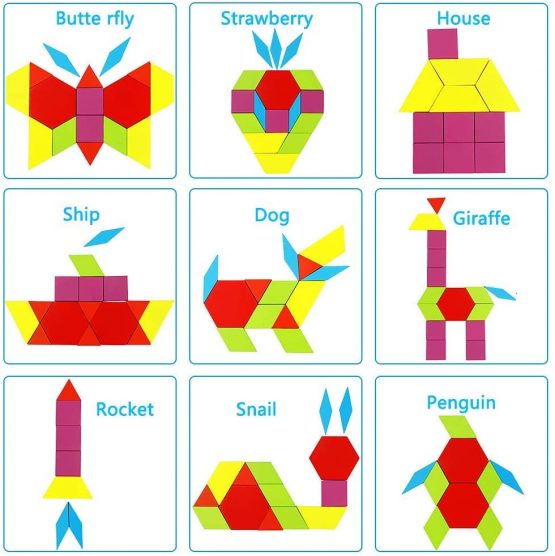 Afunti 155Pcs Wooden Pattern Blocks Set Geometric Shape Puzzles DIY Graphical Classic Educational Montessori Tangram Toys with 24Pcs Design Cards for Kids Toddler - Image 4