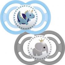 MAM Perfect Soothers 6+ Months (Pack of 2), Thinner and Softer Baby Soothers with Self Sterilising Travel Case, Newborn Essentials, Blue (Designs May Vary)