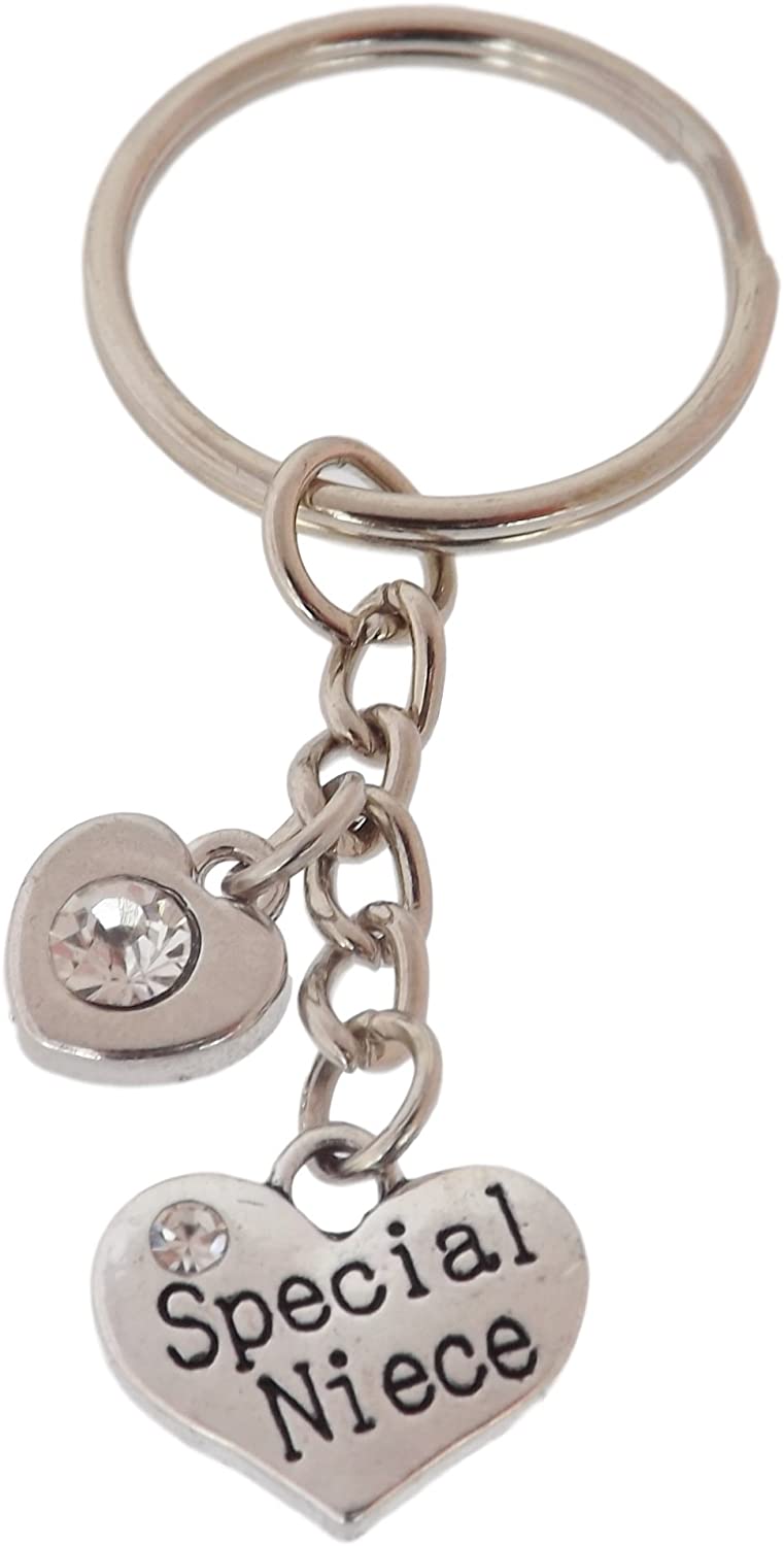 FizzyButton Gifts Special Niece Heart Keyring Key Ring with Rhinestone Charms and Turquoise Gift Box, Silver