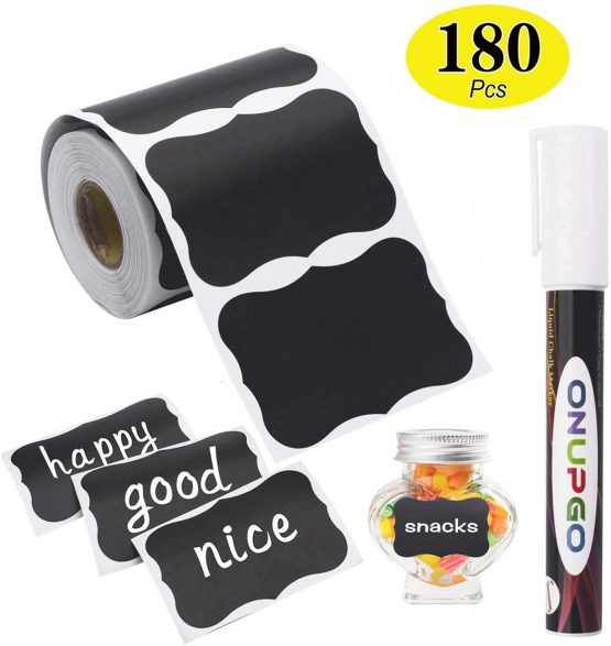 ONUPGO Chalkboard Labels-180pcs Waterproof Reusable Blackboard Stickers with 1 Liquid Chalk Marker for Mason Jars, Parties Decoration, Craft Rooms, Weddings, Storage, Organize Your Home & Kitchen