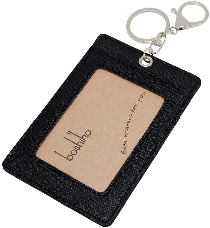 Leather ID Card Badge Holder: Boshiho Faux Leather Office Card Holder Wallet with Keyring 1 ID Clear Window Vertical Style (Black)