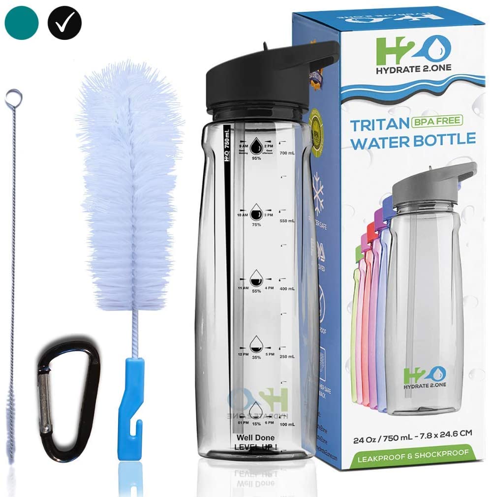 HYDRATE 2.ONE Water Bottle, 750ml Leakproof BPA-Free Sports Bottle with Straw, Time Markings, and Motivational Design