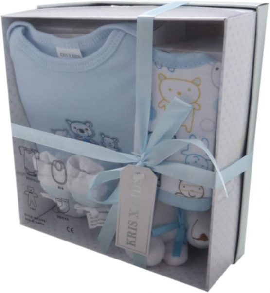 Baby Gift Set with Bodysuit, Bib, Toy, Socks in a Gift Box - Size 0-3 Months. Cream Giraffe