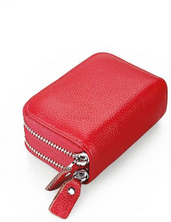 AprinCtempsD RFID Blocking Genuine Leather Wallet Women Credit Card Holder Lady Coin Purse Double Zipper Wallet (Red)