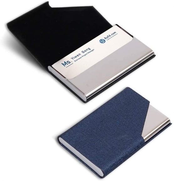 homEdge Business Card Holder, Slim Professional 2 Packs PU Leather+Stainless Steel Business Card Case for Traveling and Business-Black and Blue - Image 2