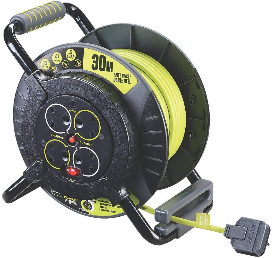 Masterplug Pro-XT Four Socket Anti Twist Open Cable Reel Extension Lead with Winding Handle, Thermal Cut Out and Power Switch