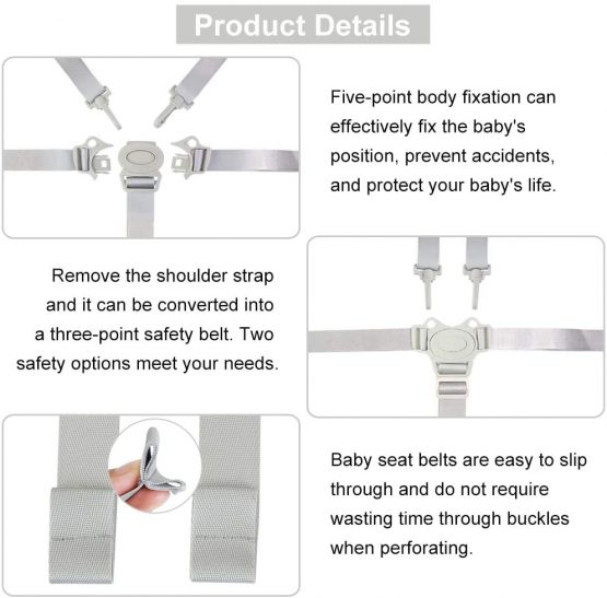 RMENOOR Baby Seat Belt 5 Point Harness Straps High Chair Harness Universal High Chair Straps Baby Safety Strap Belt Adjustable Harness for High Chair Kids Stroller Pram Buggy（Gray） - Image 4