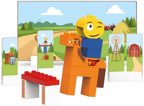 BIOBUDDI BB-0144 Building Horse Riding Play Set, 19 Blocks, 9 Push-Out Cards, Multi-Coloured