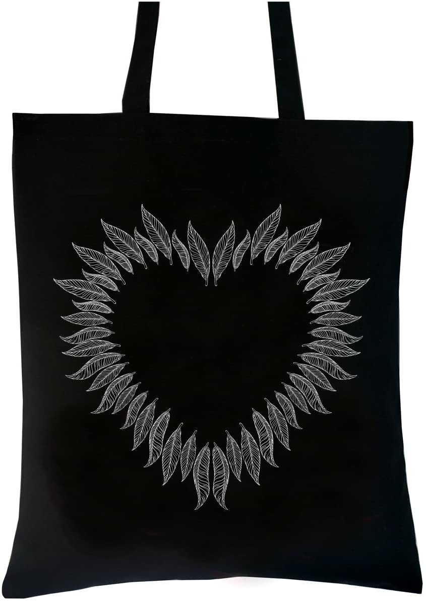 PREMYO Reusable Shopping Bag Cotton Tote Long Handled Easy to Carry Over the Shoulder Quote Print Heart Feather Birthday Present Gift Black Canvas - Image 2