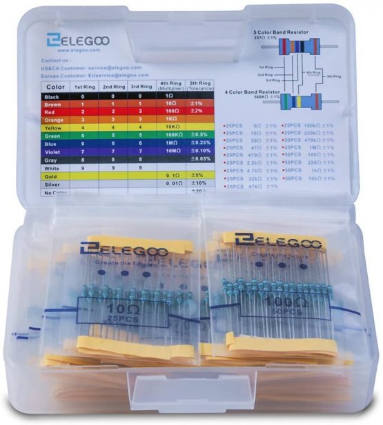 ELEGOO 17 Values 1% Resistor Kit Assortment, 0 Ohm-1M Ohm (Pack of 525), Pin (0.022 inches, φ0.55mm)