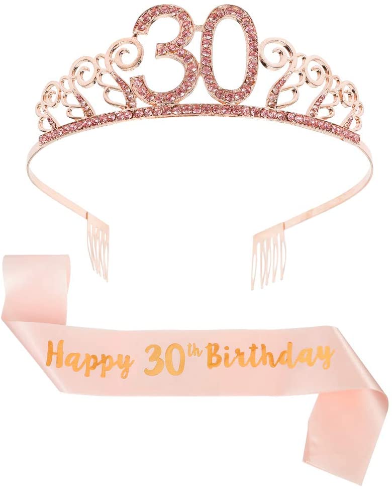 You&Lemon Rose Gold Happy 30th Birthday Sash and 30 Birthday Tiara Rhinestone Crown Headband for 30 Birthday Gift Party Accessories 30th Birthday Decoration Girls Women