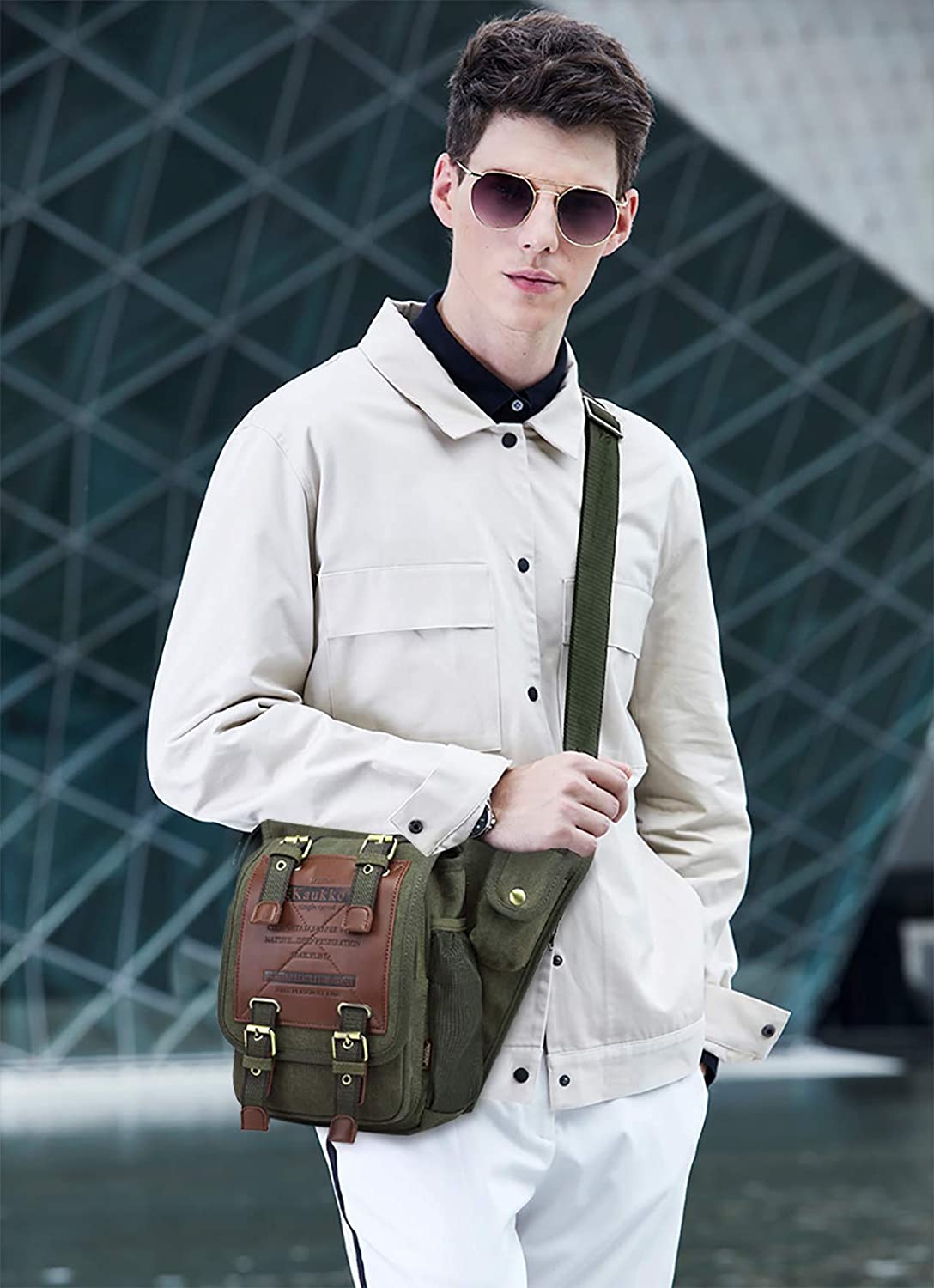 FANDARE Vintage Sling Bag Messenger Shoulder Backpack Crossbody Bag Small Travel Canvas Green - Image 2