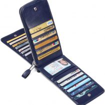 JEEBURYEE Women's Oil Wax Real Leather Multi Credit Card Holder Wallet RFID Blocking Long Bifold Clutch Wallet Ladies Purse with Zipper Pocket Blue, Blue Oil Wax Leather, Large