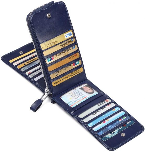 JEEBURYEE Women's Oil Wax Real Leather Multi Credit Card Holder Wallet RFID Blocking Long Bifold Clutch Wallet Ladies Purse with Zipper Pocket Blue, Blue Oil Wax Leather, Large