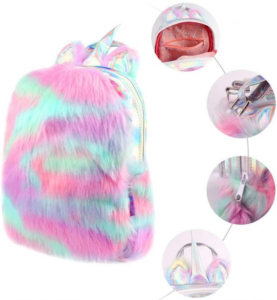 Cute Plush Unicorn Backpack,Fluffy Mini Unicorn Backpack Bags for Girls Female Travel Plush Soft Rainbow Schoolbag (Colour 2) - Image 2