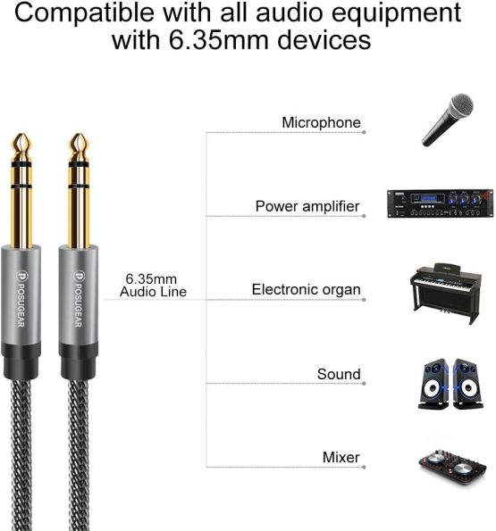 6.35mm to 6.35mm Stereo Cable 2M, POSUGEAR 1/4 Inch Male TRS Speaker Amp Cable Jack with Nylon Braid Aluminium Alloy Housing for Electric Guitar, Bass, Amplifier, Keyboard Professional Instrument etc - Image 3