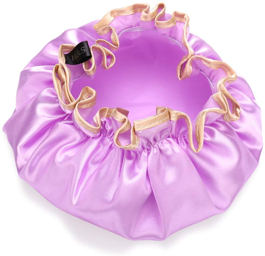 H&S 2-Pack Waterproof Shower Caps for Women Girls & Men, Reusable Bath Hats for Long Hair, Purple & Black for Adults - Image 3