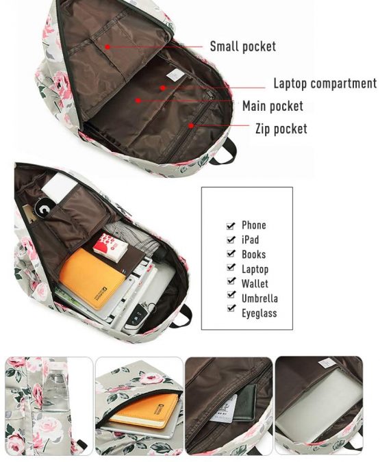 Floral School Bag Backpack for Teenage Girls, Uniuooi Secondary College School Students Satchel Book Laptop Bag Waterproof Travel Rucksack Women Ladies (Black) - Image 4