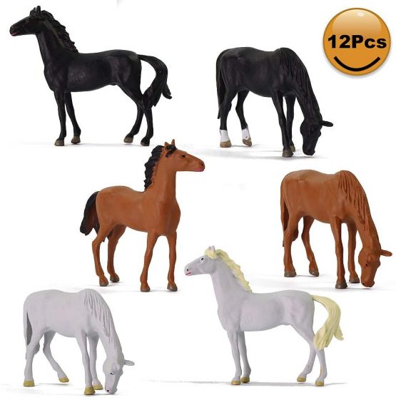 Evemodel 12pcs Model Trains O Scale Painted PVC Horses 1:43 Farm Animals Desktop Decor AN4302
