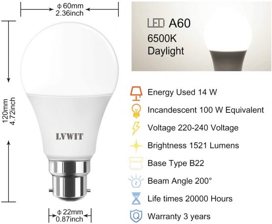 13.5W Daylight LED B22 Bayonet ,LVWIT A60 B22 GLS Bulbs,100W Equivalent,6500K Cool White Energy Saving Bulbs,Ultra Bright BC Bulbs,1521Lm, 220-240V ,Non-Dimmable ( Pack of 6) - Image 3