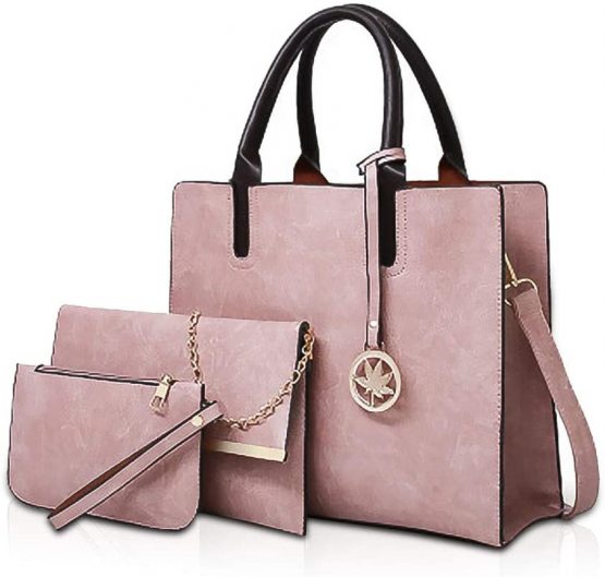 NICOLE&DORIS Women Handbags 3 Pieces Leather Handbag for Ladies Leather Totes + Crossbody+Wristlet Pink