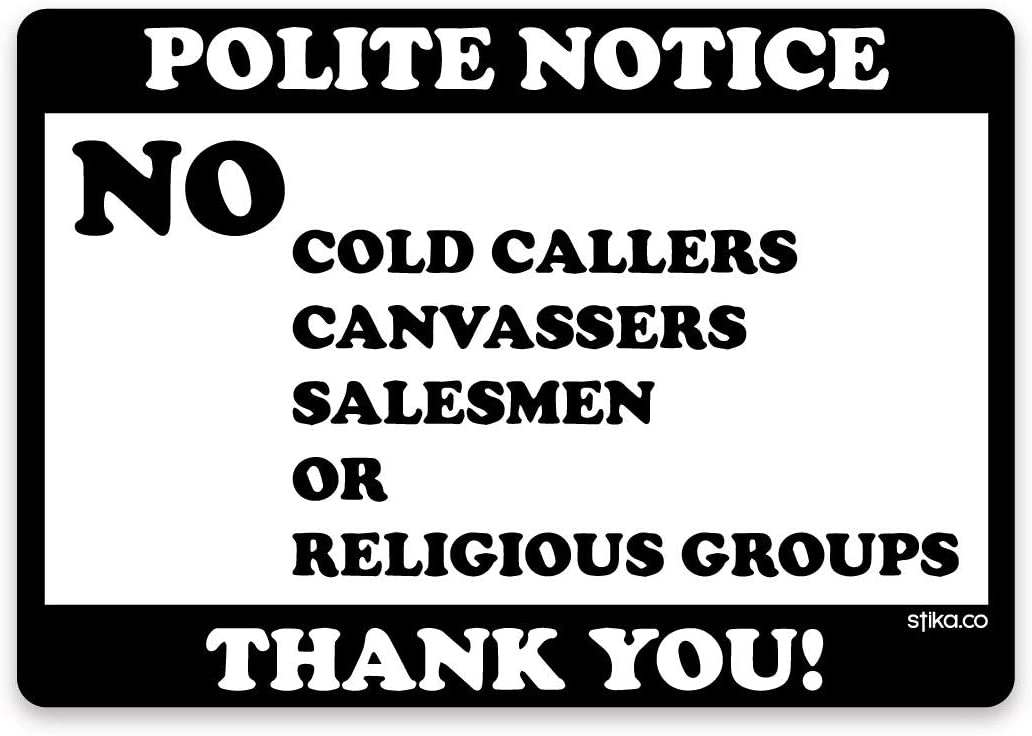 stika.co Set of 2 No Cold Callers Canvassers or Religious groups Calling Door Window Self-adhesive Vinyl Sticker (White Vinyl, 100 x 70mm)
