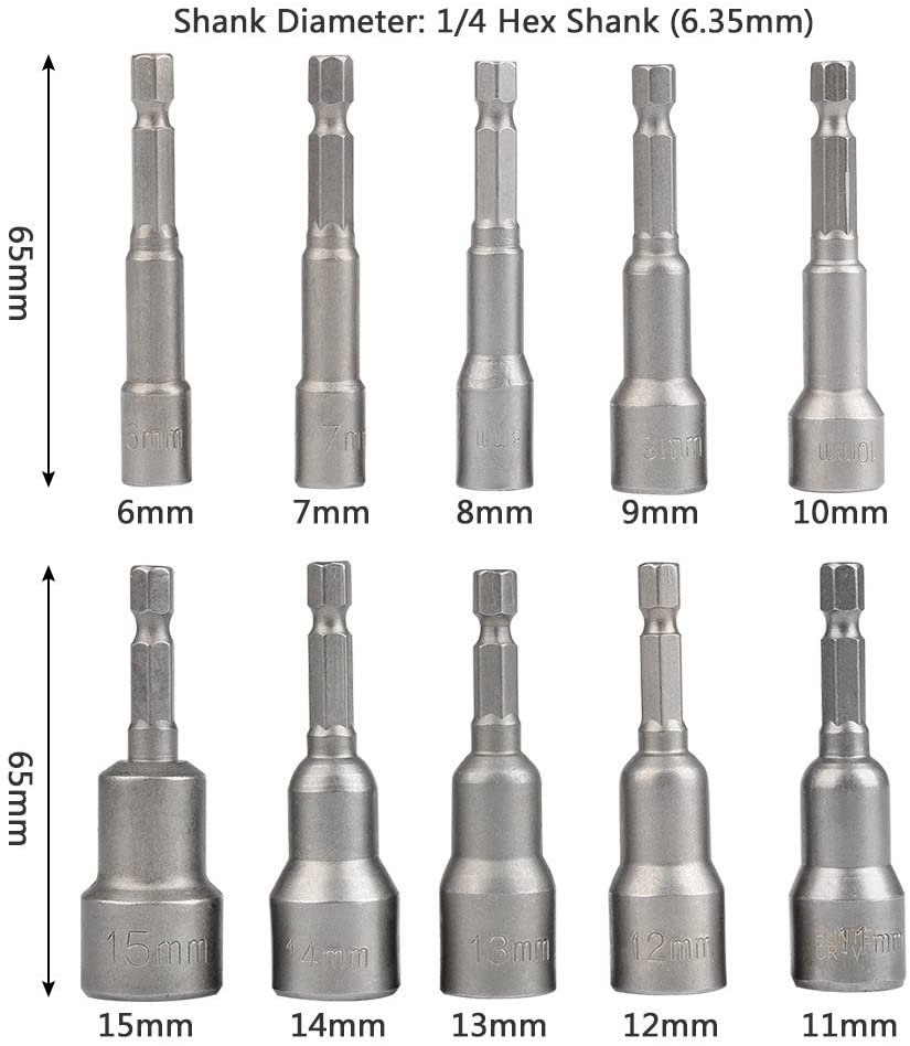 TIMESETL 6-15mm Magnetic Nut Setter Driver Drill Bit Set 1/4 inch Hex Shank Quick Change Metric Nut Driver Set - 10pcs - Image 4