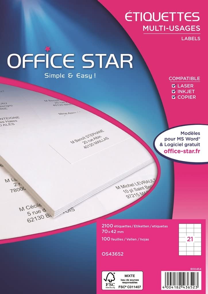 Box of 2100 Multi-Purpose Labels 70 x 42 mm, white, 70 x 42mm : 21 etq/feuille