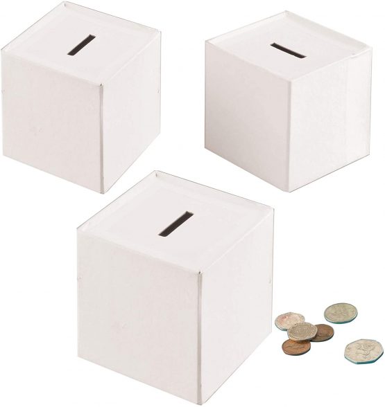 Baker Ross EV3024 Cube Money Boxes (Pack of 3), Perfect for Children to Decorate and Personalise, Ideal for School, Home Craft Groups, Assorted
