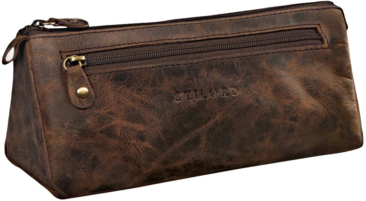 STILORD "Alexis" Leather Pencil Pouch Vintage Pen Case Holder with Zipper for Women Men for School Office in Genuine Leather Colour:Sepia