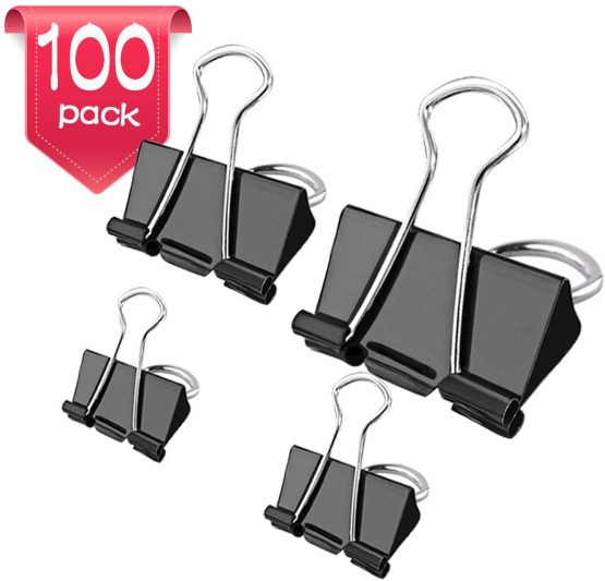 Bulldog Clips - 100 pcs Foldback Clips 4 Sizes Binder Clips Stationary Paper Clips 15mm 19mm 25mm 32mm