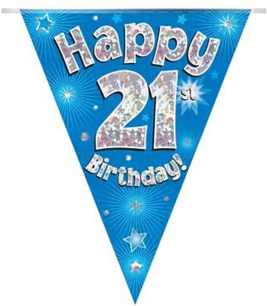 Party Bunting Happy 21st Birthday Blue Holographic 11 flags 3.9m