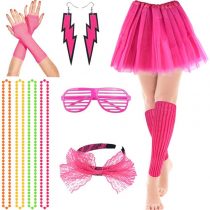 80s Fancy Party Costume Accessories Set,Adult Tutu Leg Warmers Fishnet Pink Gloves Neon Necklaces Bead 80s Lace Bow Headband Lighting Earrings Sunglasses,1980s Fancy Dress Girls Women Night Out Party