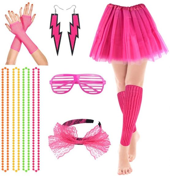 80s Fancy Party Costume Accessories Set,Adult Tutu Leg Warmers Fishnet Pink Gloves Neon Necklaces Bead 80s Lace Bow Headband Lighting Earrings Sunglasses,1980s Fancy Dress Girls Women Night Out Party