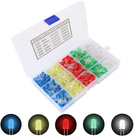 GTIWUNG 500Pcs 5mm Led Diodes, Light Emitting Diode, Diodes Resistor Kit, Diffused 2pin Round Head Light Emitting Diodes Assorted Color White/Red/Yellow/Green/Blue Kit Box