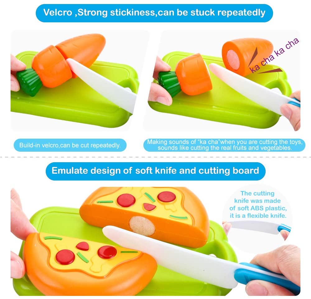 JoyGrow 32PCS Cutting Toys Play Food Fruits Vegetable Kitchen Playset Educational Learning Toy Boy Girl Kid with Handbag Packing (Blue) - Image 3