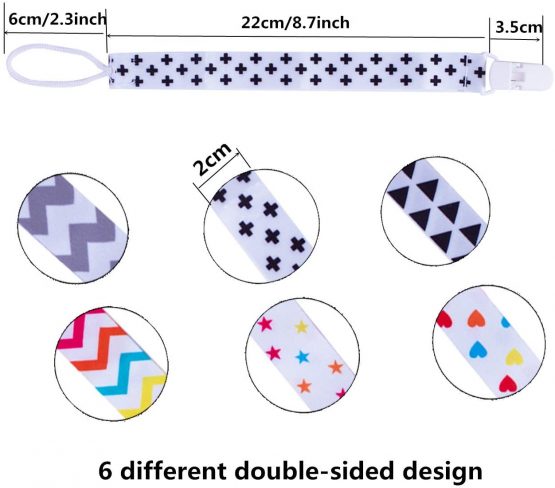6 Pack Baby Dummy Clip Pacifier Strap Holder, WylbJc Multicoloured Washable Soother Clip Chain with Unique 2-Sided Stylish Design for Unisex Newborn Boys Girls - Image 3