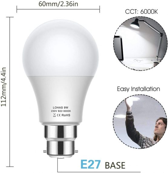 B22 LED Bulb Bayonet, 9W LED LOHAS Bayonet Light Bulb, 820LM, 60W Equivalent, Daylight White 6000K, Non Dimmable, Pack of 6 - Image 4