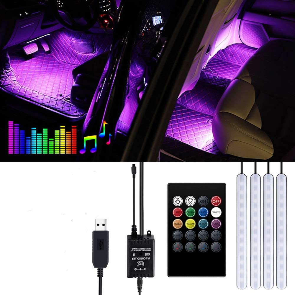 Interior Car Lights Trongle Car Strip LED Lights, Waterproof with 4pcs 48 LEDs 8 Colors with Sound Sensor and Remote Control