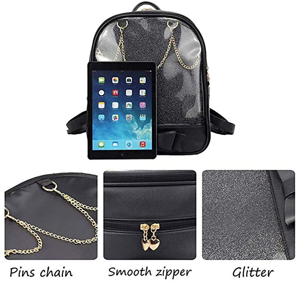 KEEPOP Ita Bag Backpack Girls Cute Candy Leather Bag Purse School Bag Summer Beach Bag Purse with Bowknot Transparent Windows for DIY Decors (Black-Black-Bow) - Image 3