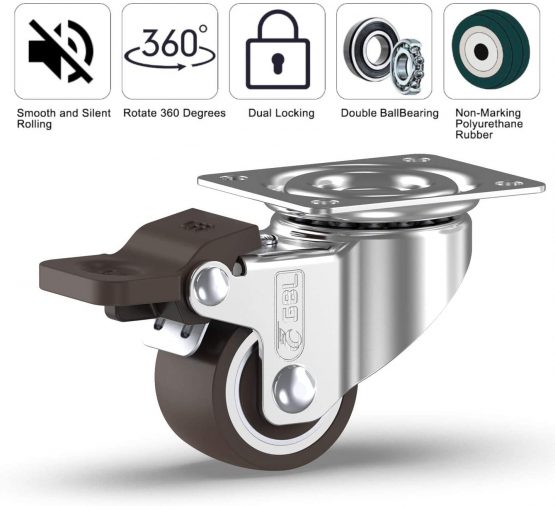 GBL Heavy Duty Castor Wheels with 2 Brakes + Screws - 25mm up to 40KG - Pack of 4 No Floor Marks Silent Caster for Furniture - Rubbered Trolley Wheels - Silver Castors - Image 3