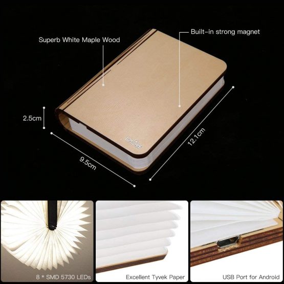 Tomshine LED Folding Wooden Light Paper Book Lamp with Magicfly Rechargeable USB Port 500 Lumens for Decor, Magnetic Design- Creative Valentines Gift (Warm White) - Image 2