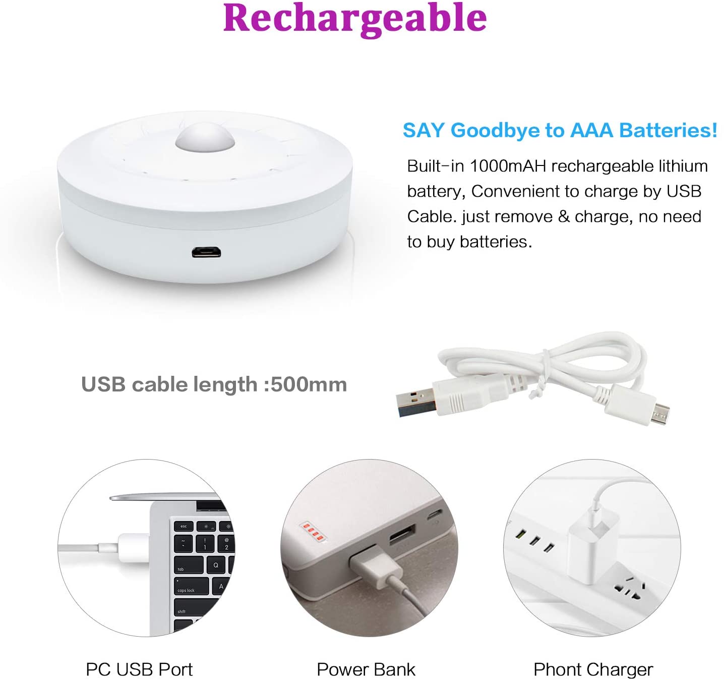 Rechargeable Motion Sensor Light 1000mAH LED Puck Lights, Stick ...