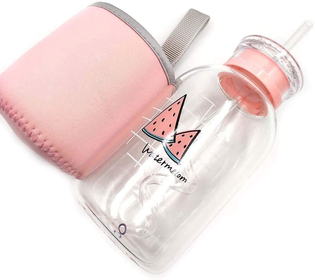Glass Water Bottle with Bendable Straw Drinking Bottle Cute with Pink Cotton Sleeve Borosilicate BPA Free for Girl Women for Home School Office Gym Travel
