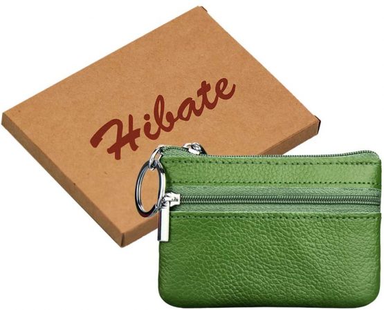 Hibate Mini Coin Purse Holder Wallet Leather Purses for Women Men Kids Zipper Pouch with Key Ring - Green - Image 3
