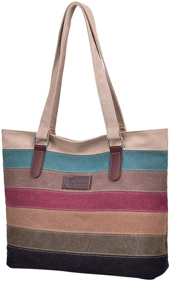 CHEREEKI Tote Bag, Striped Canvas Womens Handbag for School Work Shopping and Travel