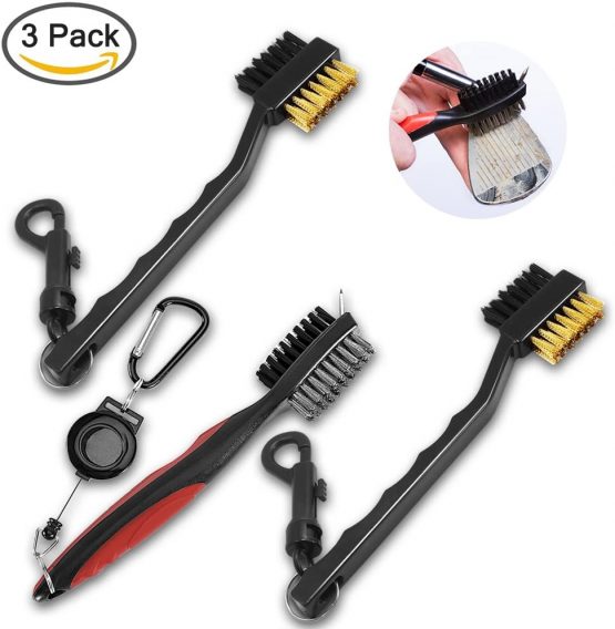 SENHAI 3 Pieces Golf Club Brushes Groove Cleaners, Metal and PP Bristles Spike Cleaning Tool, with 2 Ft Retractable Zip-line Aluminum Carabiner, Easily Attach to Golf Bag - Image 2
