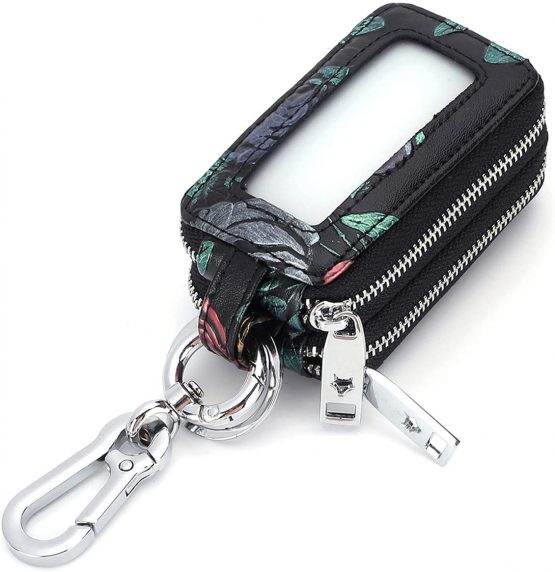 Key Case Holder Aileder Genuine Leather Car Keyring Key Pouch Hand Painted Flowers Keychain Wallet for Women Ladies Double Zipper Keyring Purse (Golden Rose) - Image 2
