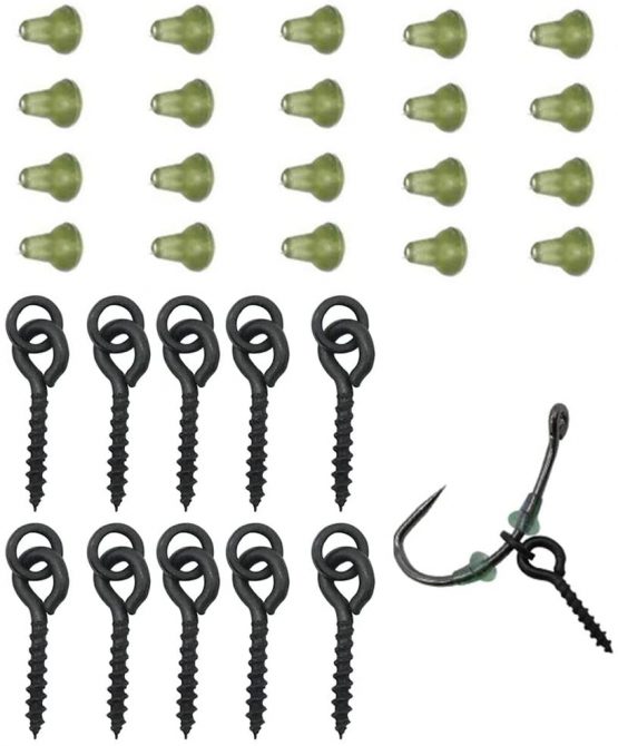 NEWSHOT 10x Fishing Bait Screws & 20x Hook Stops, Carp Boilie Bait Screw Eyes With Link Loop Terminal Tackle Accessories(Green)