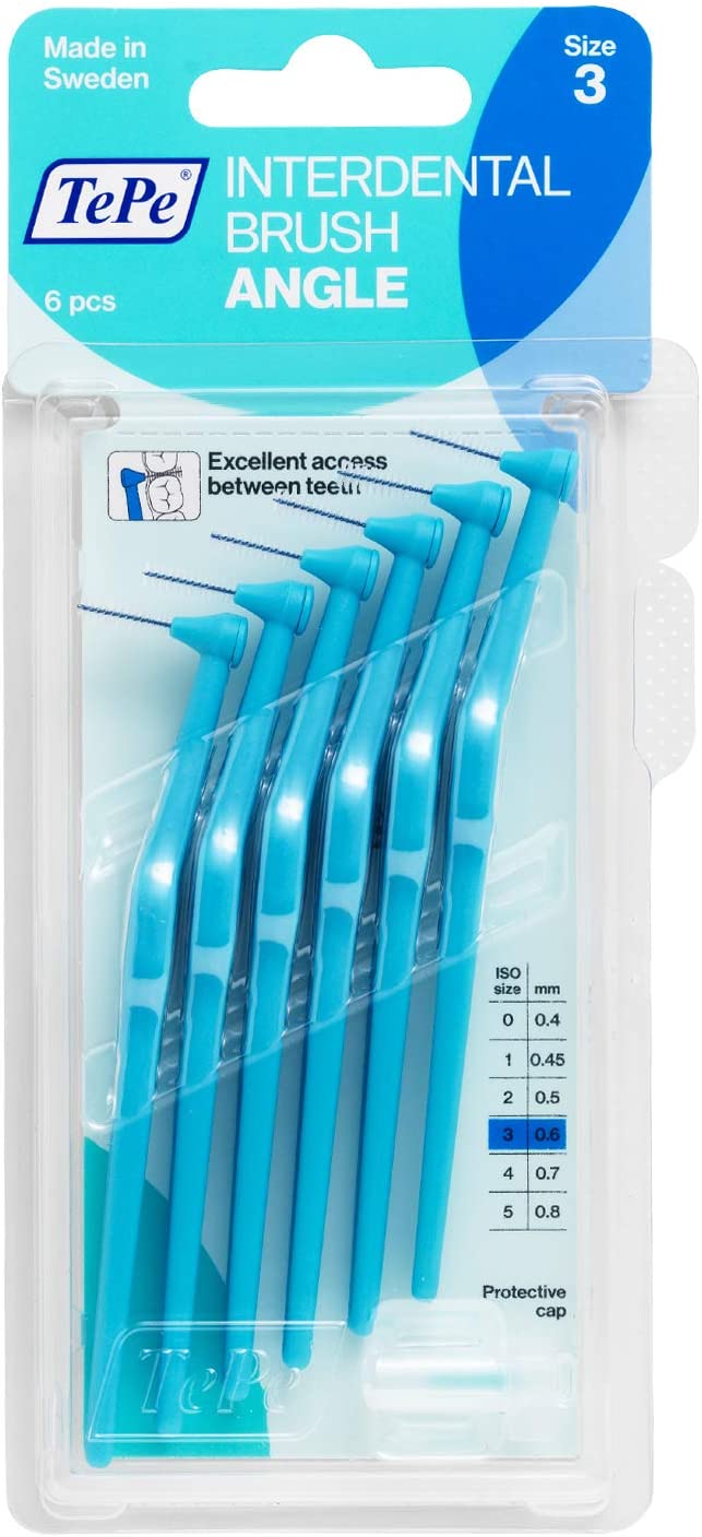 TePe Interdental Brush Angle, Blue, 0.6mm/ISO 3, 6pcs, Plaque Remover, Easy and efficient Cleaning Between Teeth